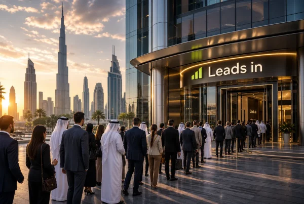 A long line of business people getting inside a building