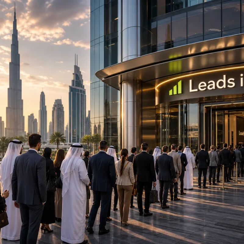 طابور طويل من رجال الأعمال وهم يدخلون مبنىً ما