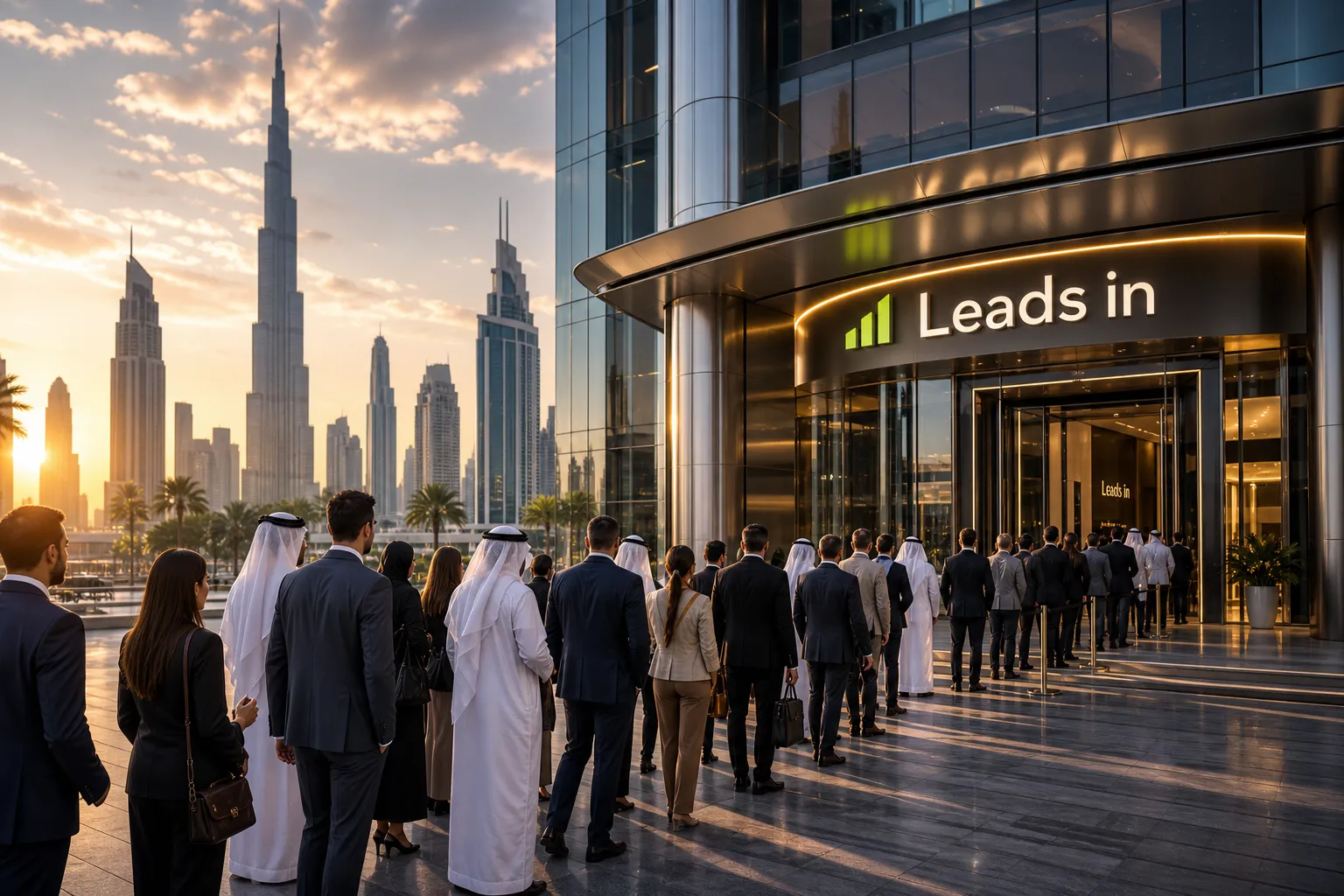 A long line of business people getting inside a building